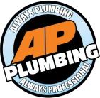 AP Plumbing circular orange white black and blue logo with always plumbing always professional 