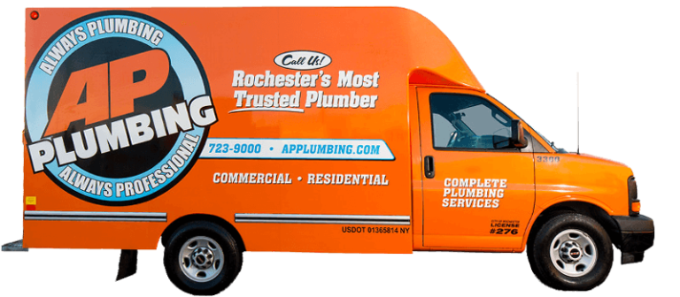 AP Plumbing orange service vehicle with logo website on the side in Rochester