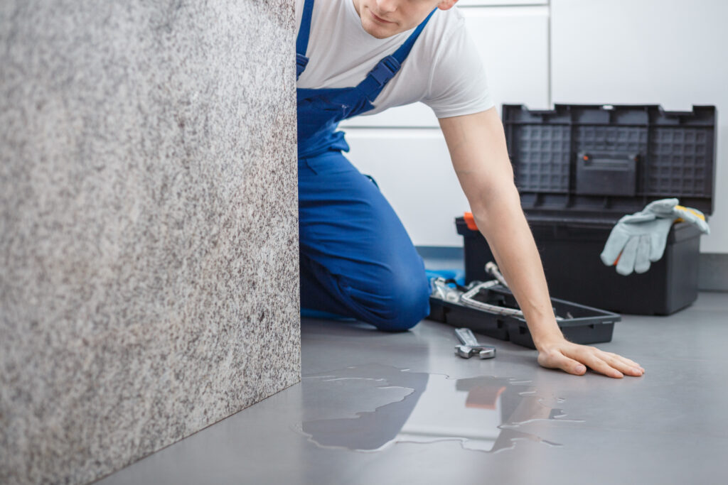 Plumber with toolbox looking at water on the floor from broken dishwasher