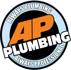 AP Plumbing circular orange white black and blue logo with always plumbing always professional 