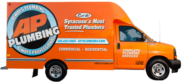 AP Plumbing orange service vehicle with logo website on the side in Syracuse