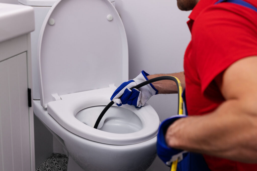 plumber unclogging blocked toilet with hydro jetting in home bathroom