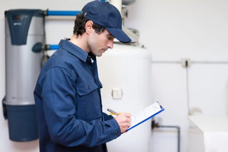 Plumber standing in front of a water heater with a clipboard