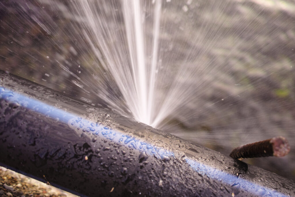 Burst pipe spraying water from the broken pipe