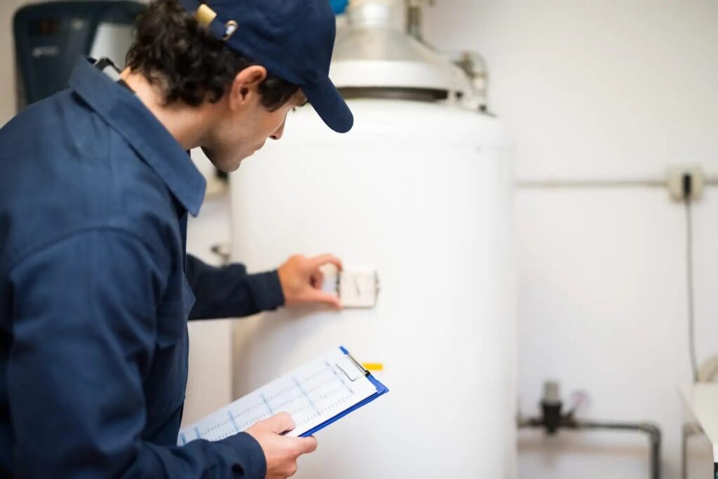 Plumber checking a residential water heater after installing the system