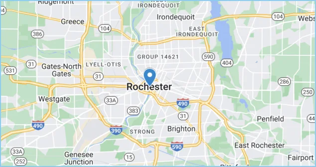 google maps view of AP Plumbing service area in and around Rochester NY
