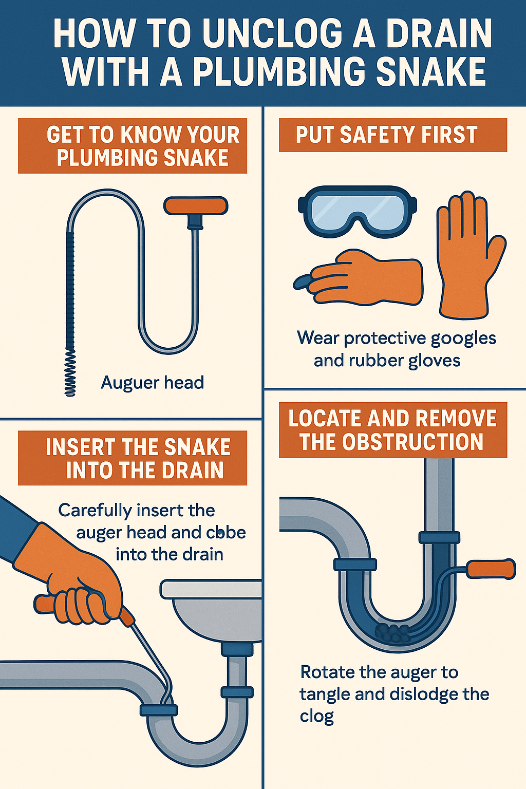An infographic showing five steps to unclog a drain with a plumbing snake, using AP Plumbing’s blue, white, and red color scheme.